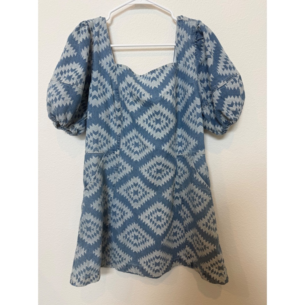 Cotton Rye Outfitters Blue Southwestern Print Denim Puff‎ Sleeve Mini Dress M